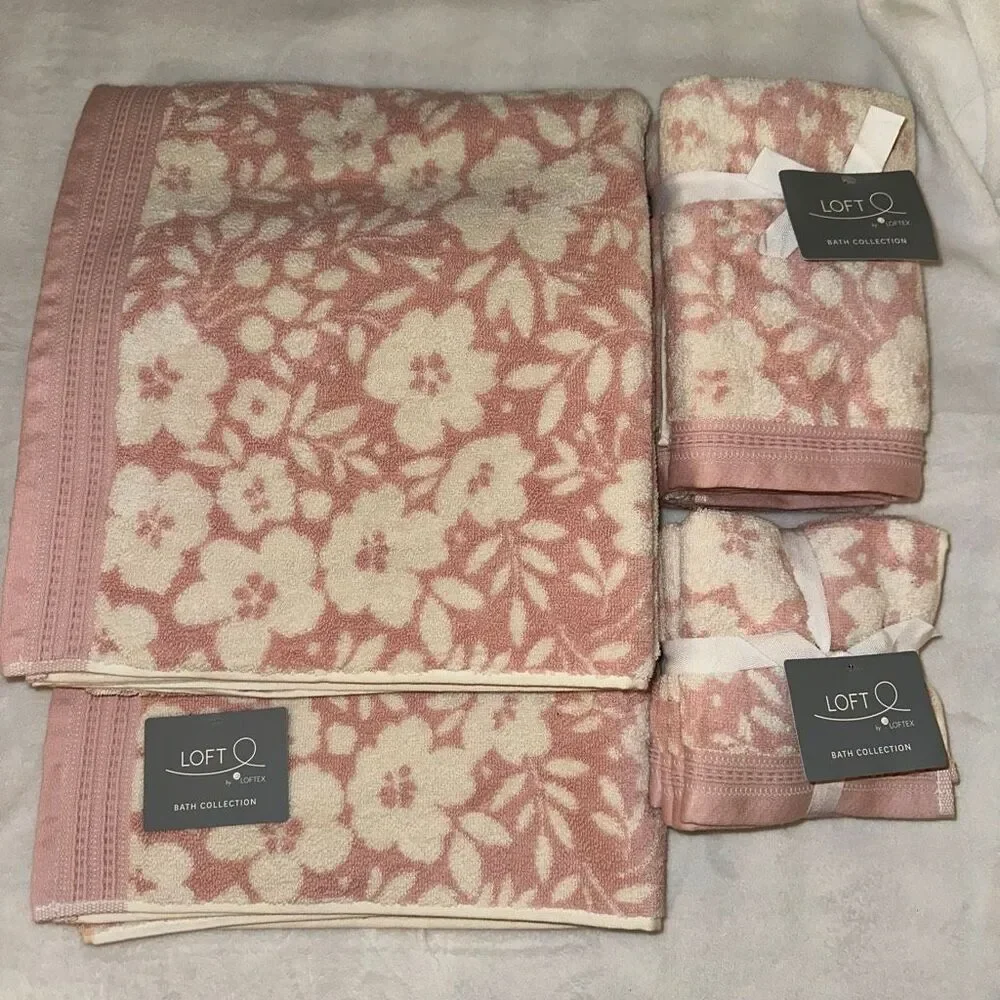 LOFT Home Bath Collection Set Light Pink and Cream Floral Pattern 8 Pieces NWT